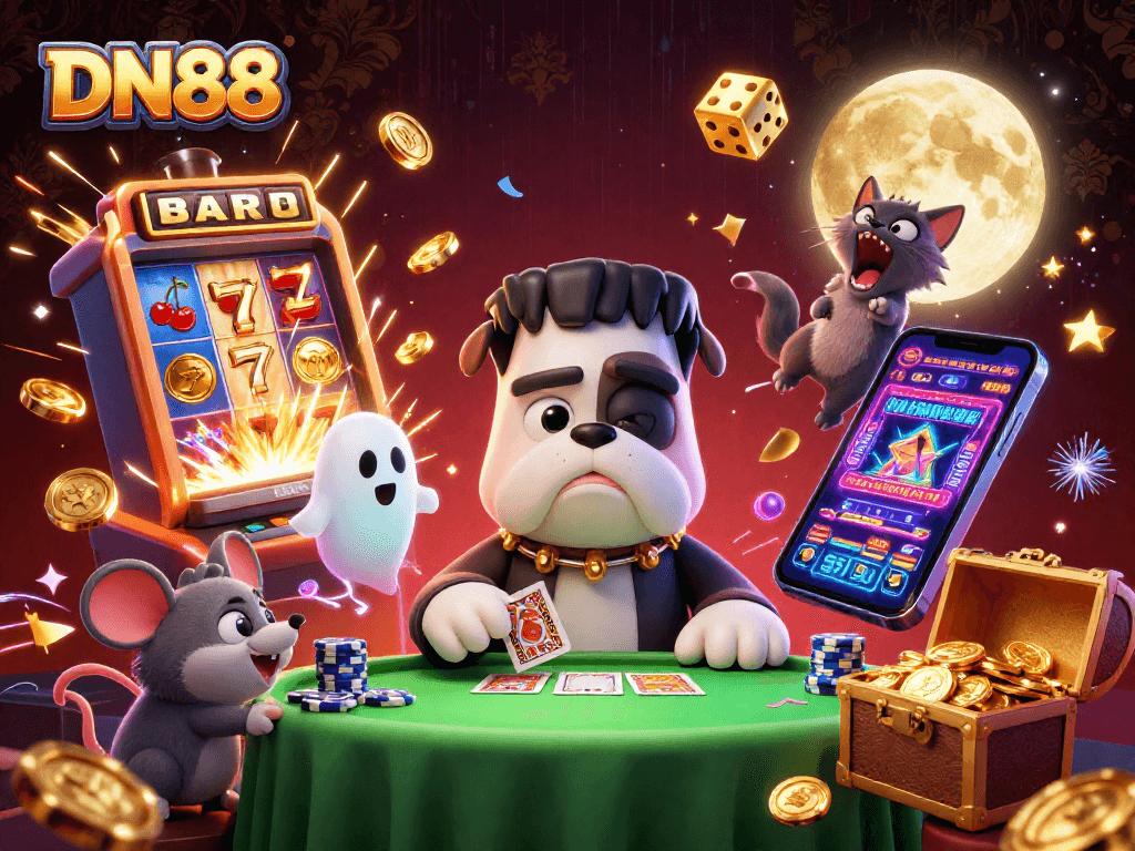 Engage with DN88 in a vivid 3D casino scene featuring characters and thrilling games.