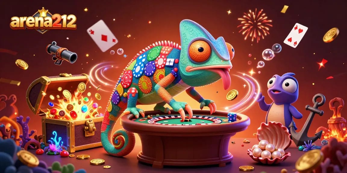 Arena212 meningkatkan keseruan permainan kasino dengan chameleon raksasa yang menangkap koin emas di meja roulette.