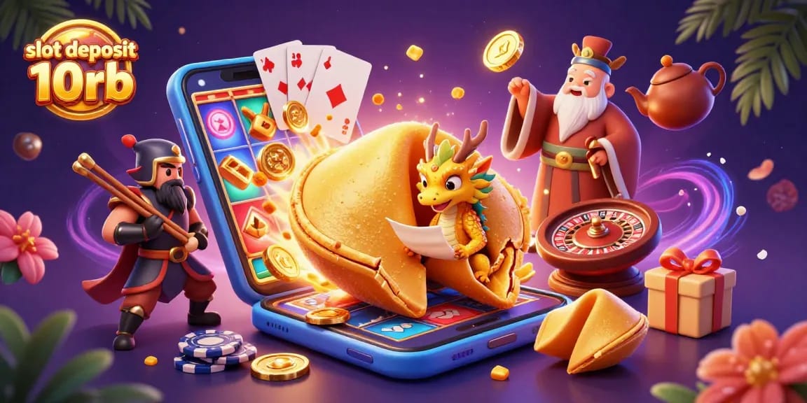 Engage with the slot deposit 10rb world featuring a golden fortune cookie and vibrant casino elements.