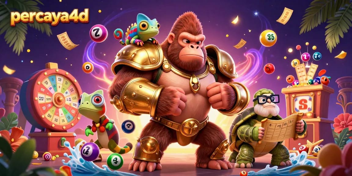 Permainan slot percaya4d yang menarik dengan karakter unik dan elemen kasino yang meriah.