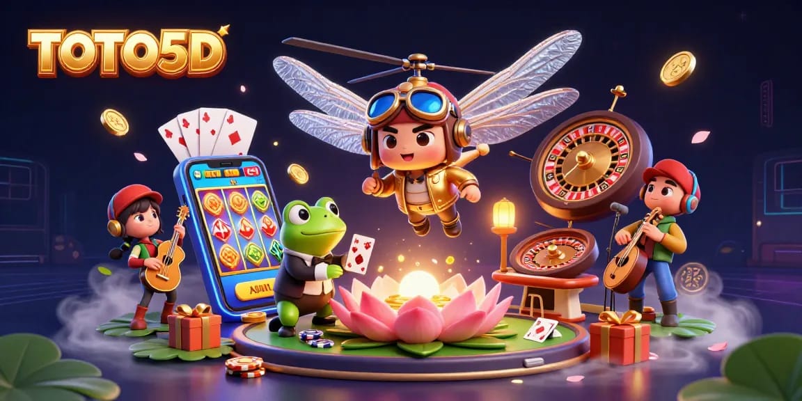 Visualisasi TOTO5D dengan karakter unik pilot kapur, croupier kodok, dan musisi kriket dalam suasana kasino yang bersemangat.