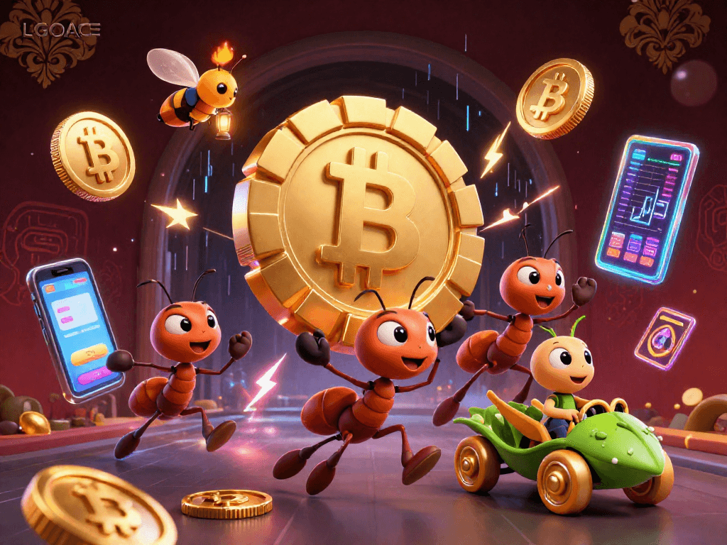 LGOACE's animated heist scene with cartoon ants, crypto coins, and a getaway driver.
