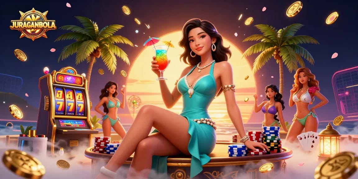 Spin vibrant slot reels with JURAGANBOLA's stunning casino illustration highlighting tropical elements and excitement.