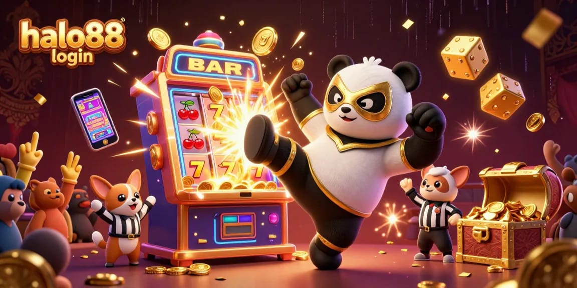 Experience excitement with halo88 login, featuring a panda wrestler amid thrilling casino action.