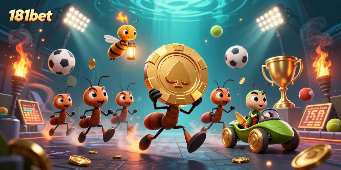 Win with 181bet's engaging heist envisioned through playful 3D ants leveraging golden poker chips and sports elements.