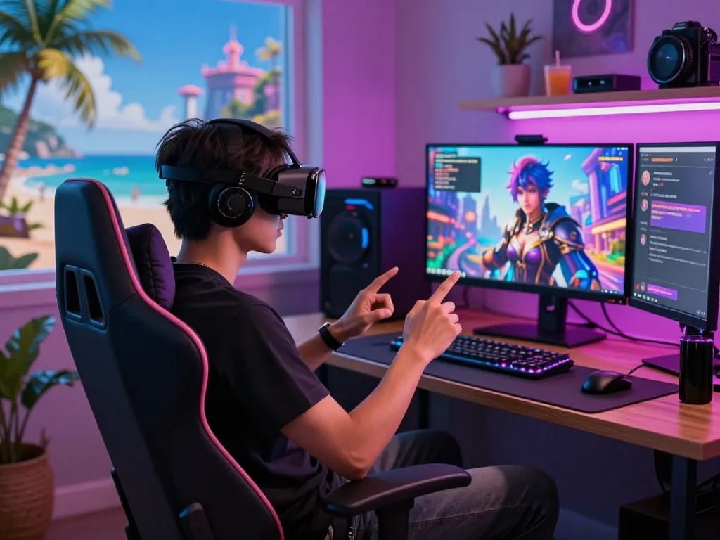 Immersive nsfw ai chat scene with user interacting with a vibrant customizable character in a dynamic setting.
