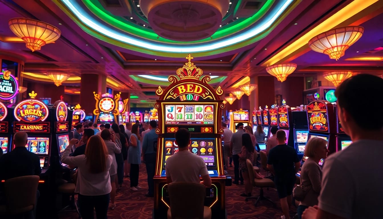 Slot gacor menarik di kasino dengan warna cerah dan mesin yang ramai.