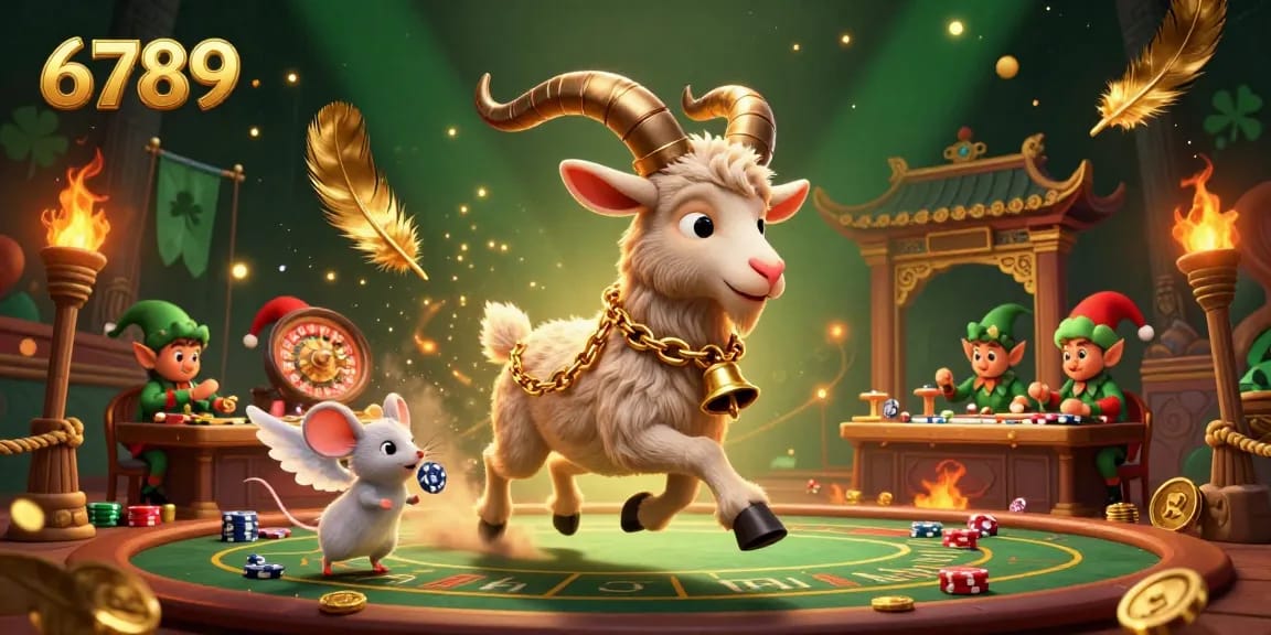 Experience the thrill of 6789 with a lively casino scene featuring Krampus, a mouse, and mischievous elves.