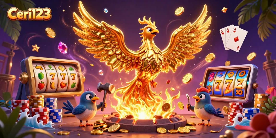 Ceri123 offers thrilling slot games with winning opportunities featuring a golden phoenix illustration.