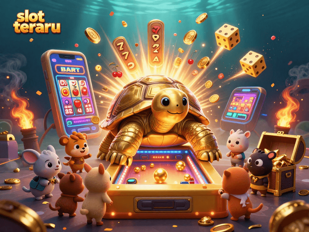 Experience thrilling slot terbaru with an exciting jackpot scene featuring a golden tortoise and vibrant casino elements.