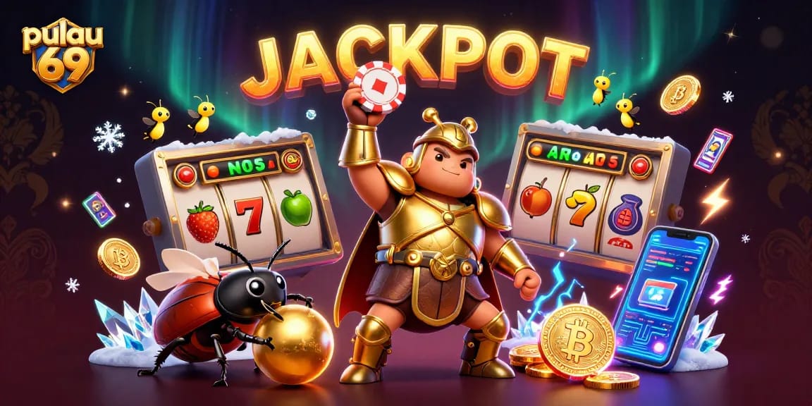Engage in pulau 69 slots with a victorious beetle lifting a poker chip amidst rich casino elements.