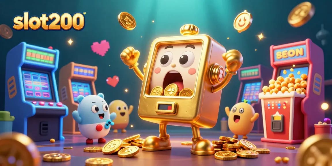 Slot200 menghadirkan mesin slot 3D yang terkejut saat jackpot, dikelilingi koin emas dalam permainan seru.