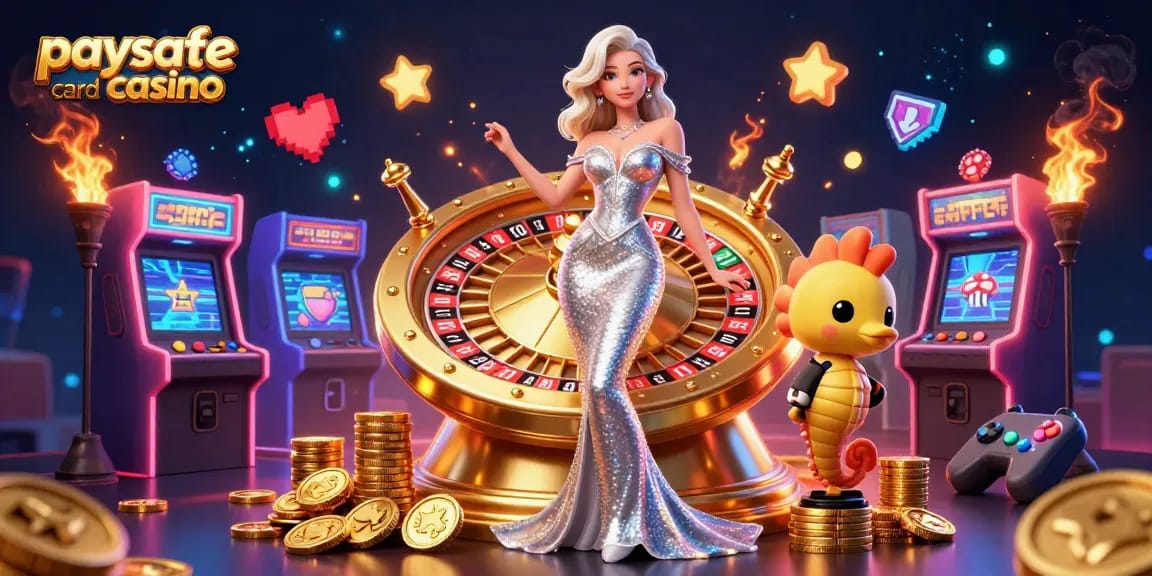 Betreten Sie die aufregende Welt der Paysafe Card Casinos mit einer beeindruckenden 3D-Illustration, die Roulette und Spielelemente zeigt.