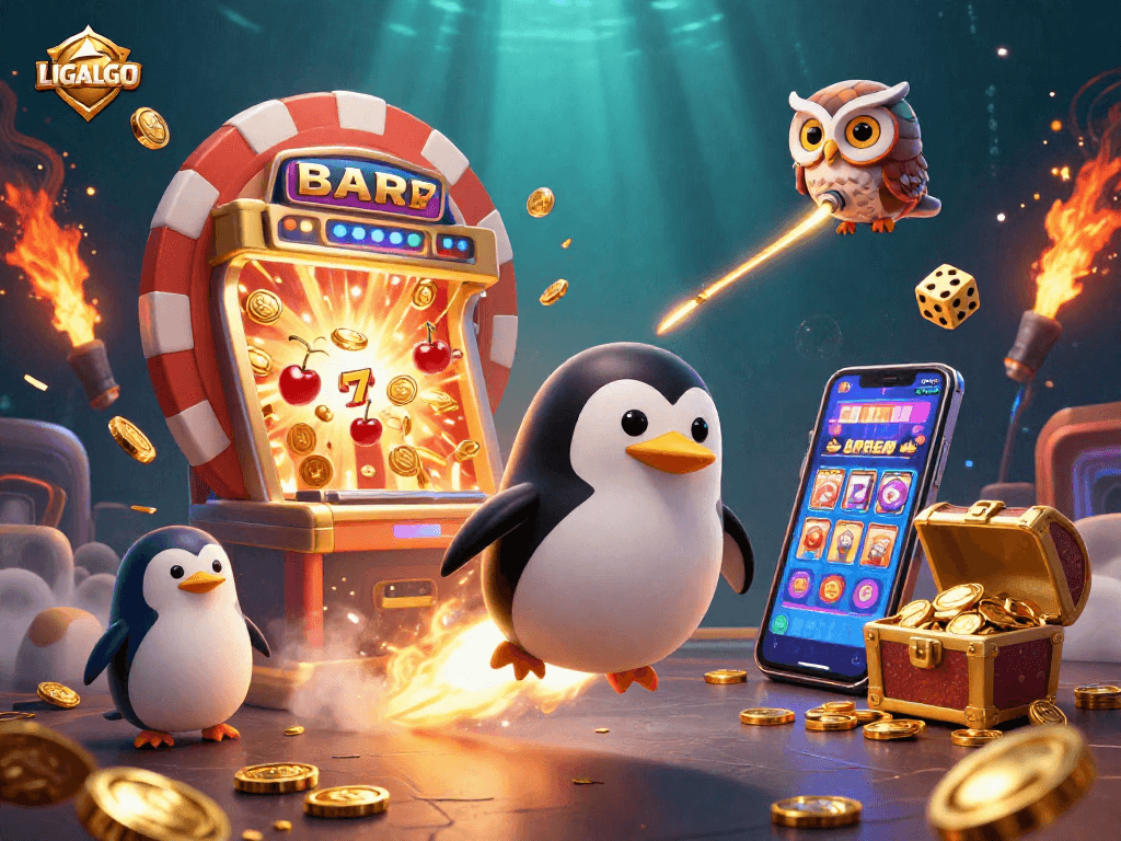 LIGALGO delivers excitement with a golden penguin soaring towards a jackpot atmosphere filled with coins and casino elements.