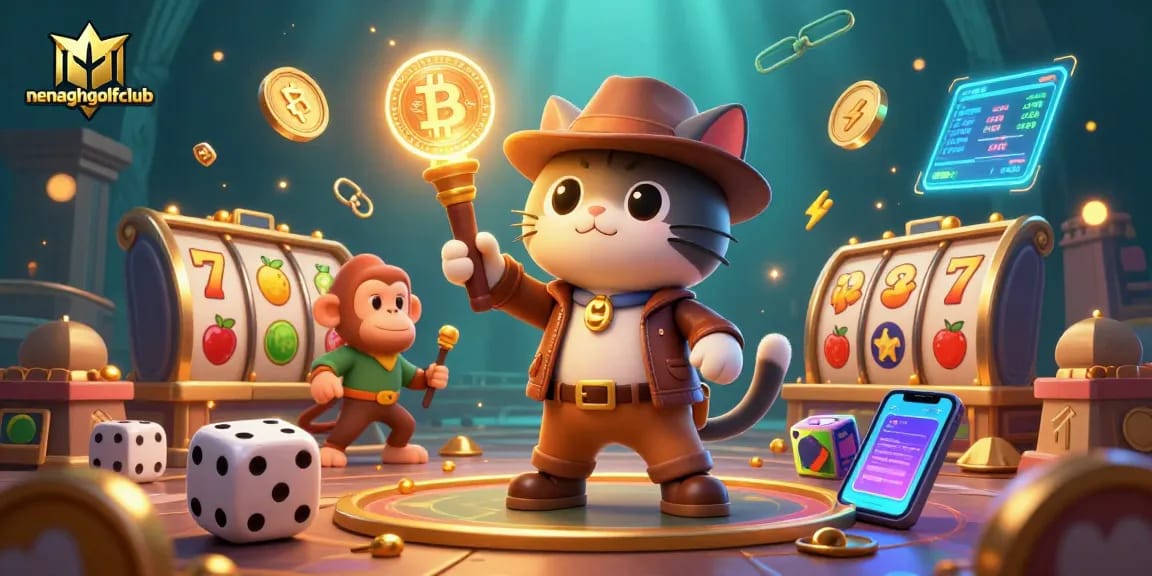 Nenaghgolfclub showcases a thrilling casino adventure with an explorer cat and monkey amidst golden artifacts and gaming symbols.