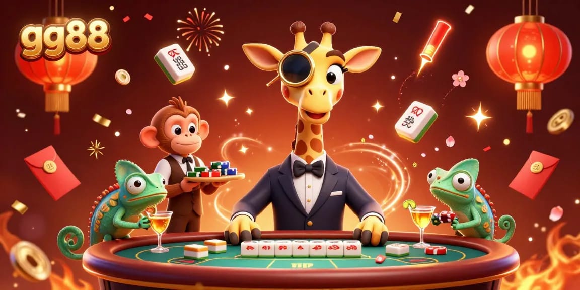 Experience thrilling gameplay at gg88 with a high-roller giraffe and a lively casino scene.