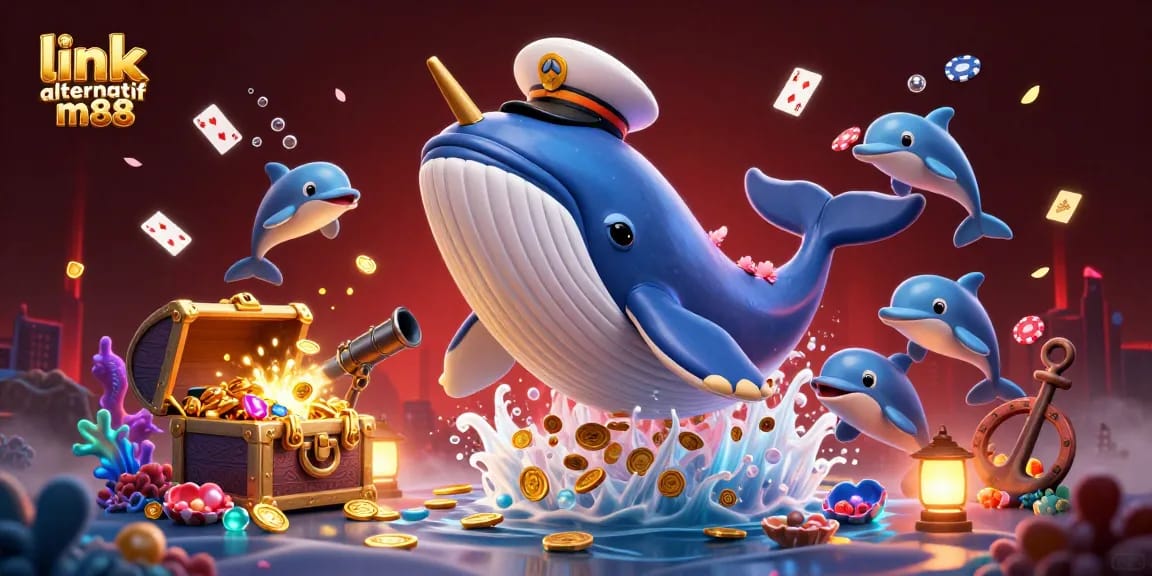 Menangkan hadiah di link alternatif m88 dengan karakter lucu berhias koin emas dan permainan kartu.