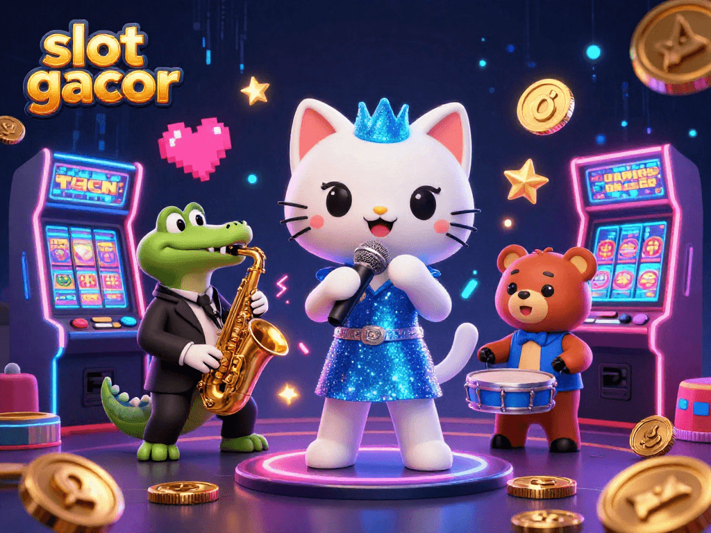 Engage with slot gacor excitement in a vibrant casino-themed 3D illustration showcasing energetic characters and gaming elements.