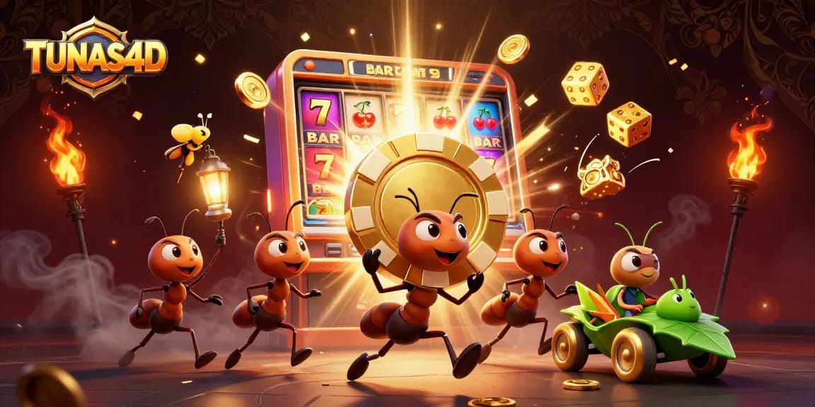 TUNAS4D showcases a dynamic scene with ants stealing a giant poker chip amidst casino elements.