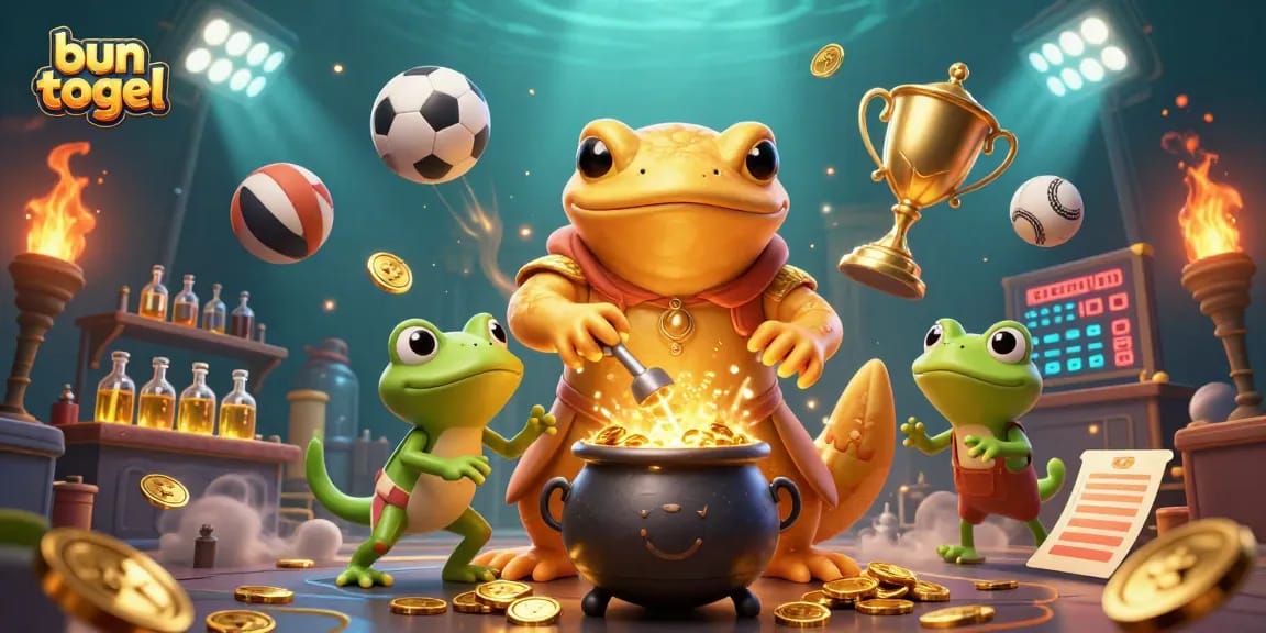 Engage with bun togel in a vibrant scene of gold coins and dynamic sports elements.