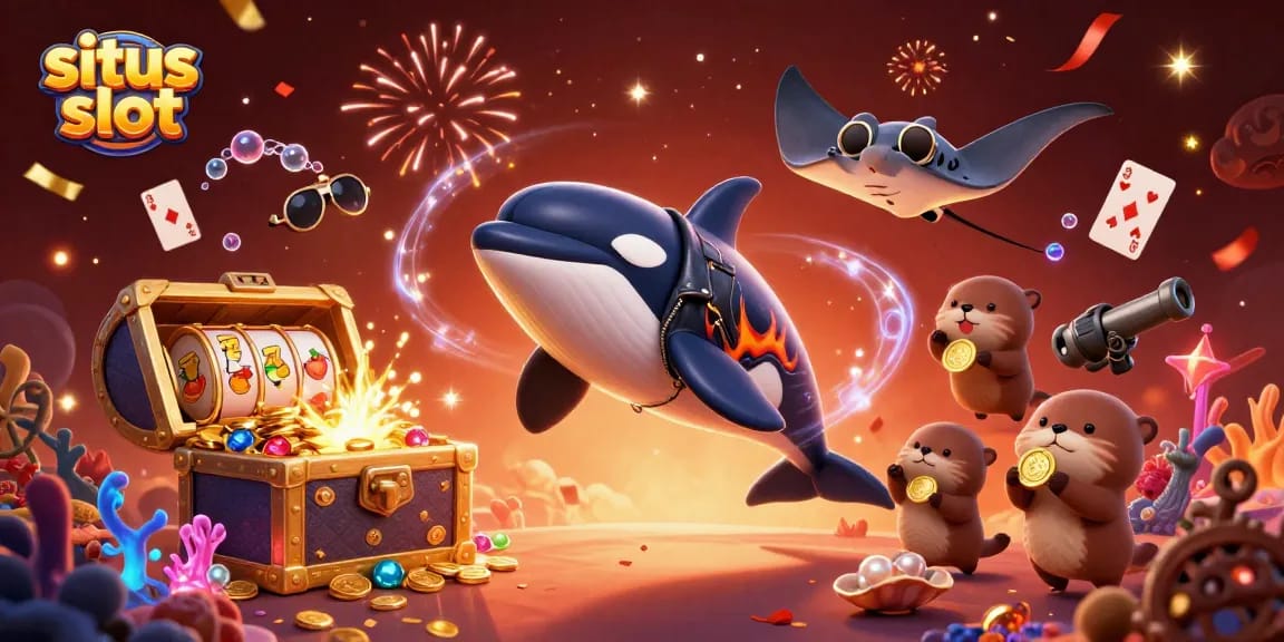 Situs slot scene with an orca whale, stingray, and otters amidst slot reels and treasure.