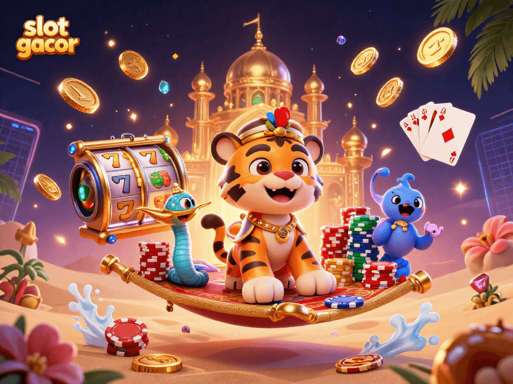 Permainan slot gacor dengan sultan harimau dan genie, dikelilingi koin emas dan jackpot.
