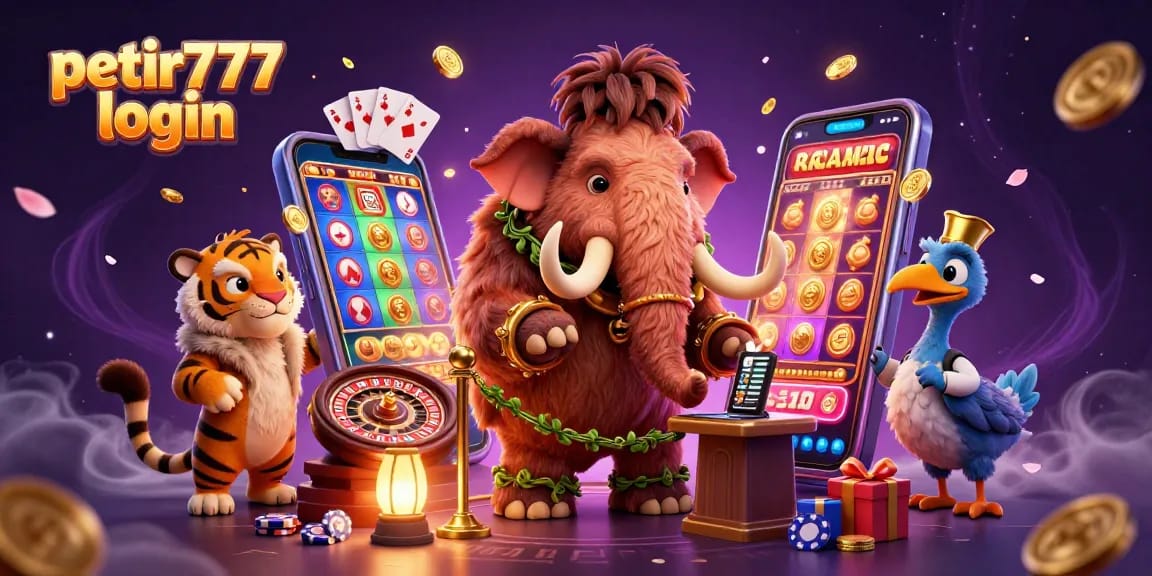 Experience the excitement of petir777 login with a vibrant casino scene featuring a woolly mammoth bouncer and VIP guests.