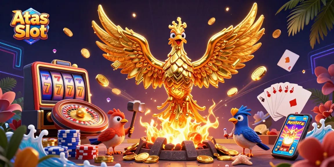 Engage with Atas Slot, featuring molten golden phoenix and dynamic casino elements.