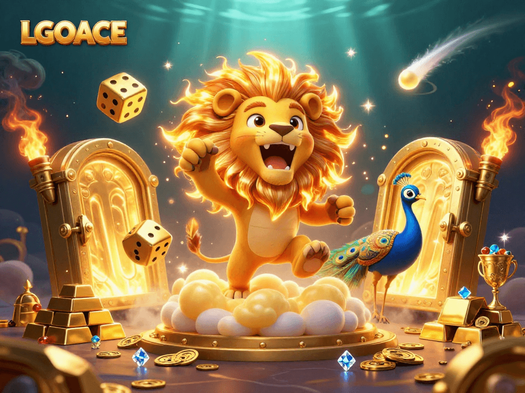 LGOACE showcases a triumphant sun lion and golden dice amid a vibrant casino scene filled with treasures.