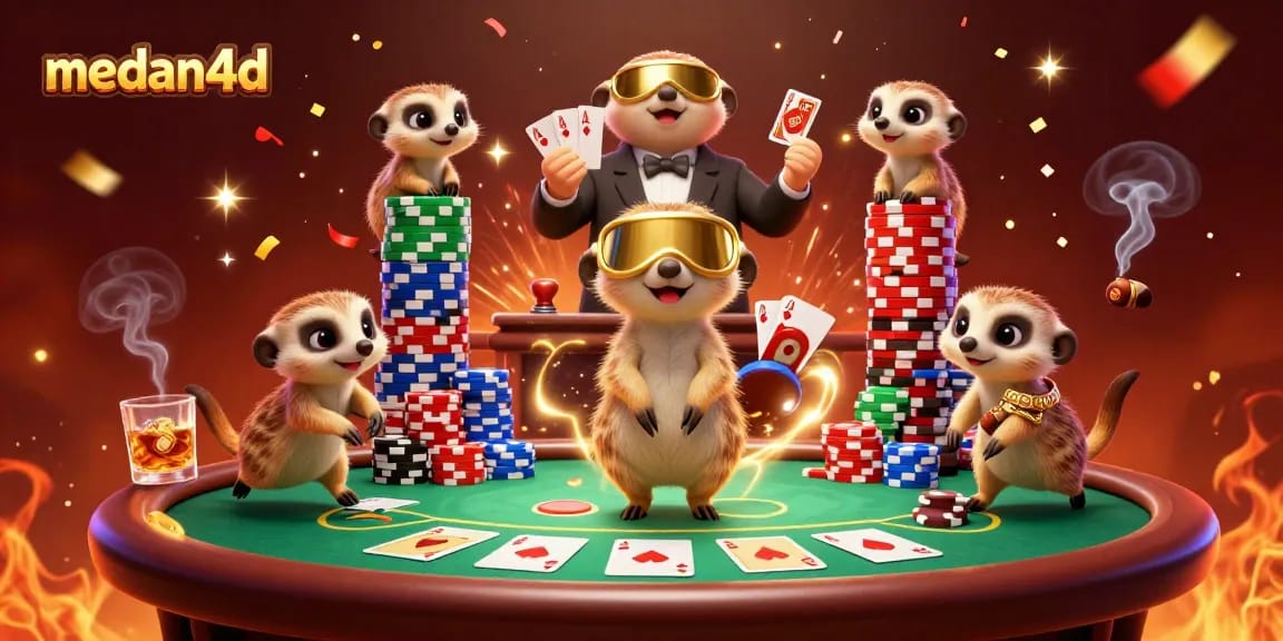 Meerkats di medan4d mengelola kasino dengan poker, chip berwarna, dan suasana meriah.