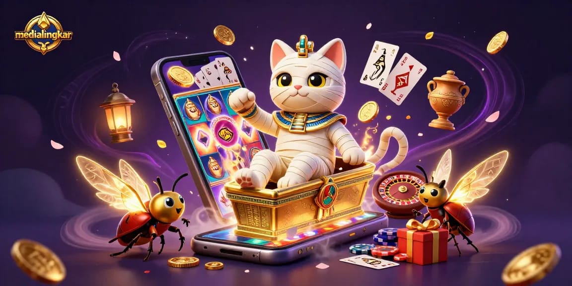 medialingkar showcases an Egyptian mummy cat alongside a scarab beetle in a vibrant casino