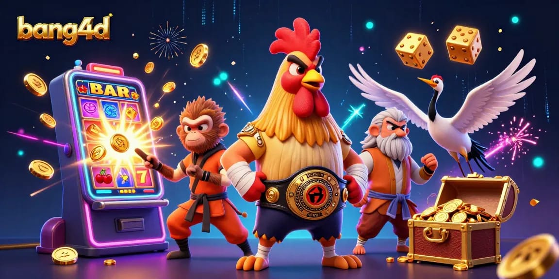 Engage with bang4d's thrilling games featuring slot machines, vibrant characters, and exciting casino elements.