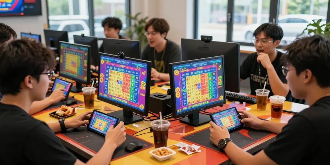 Players enjoying tempo toto online lottery games with mobile devices in a lively setting.