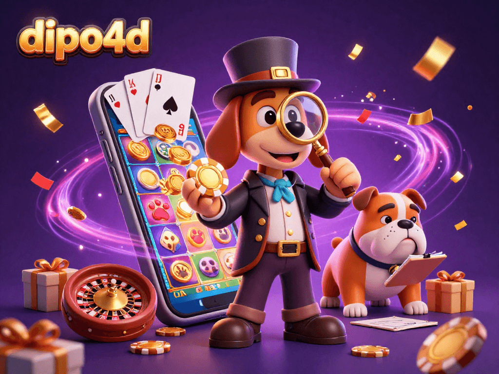dipo4d showcases an engaging detective scene with characters, symbols, and casino elements for an immersive gambling experience.