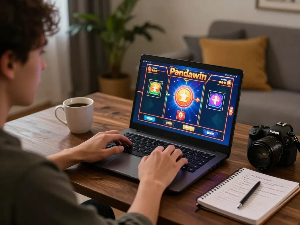 Memainkan slot Pandawin di laptop dalam pengaturan rumah yang nyaman, mencerminkan perjudian online yang santai dan strategis.