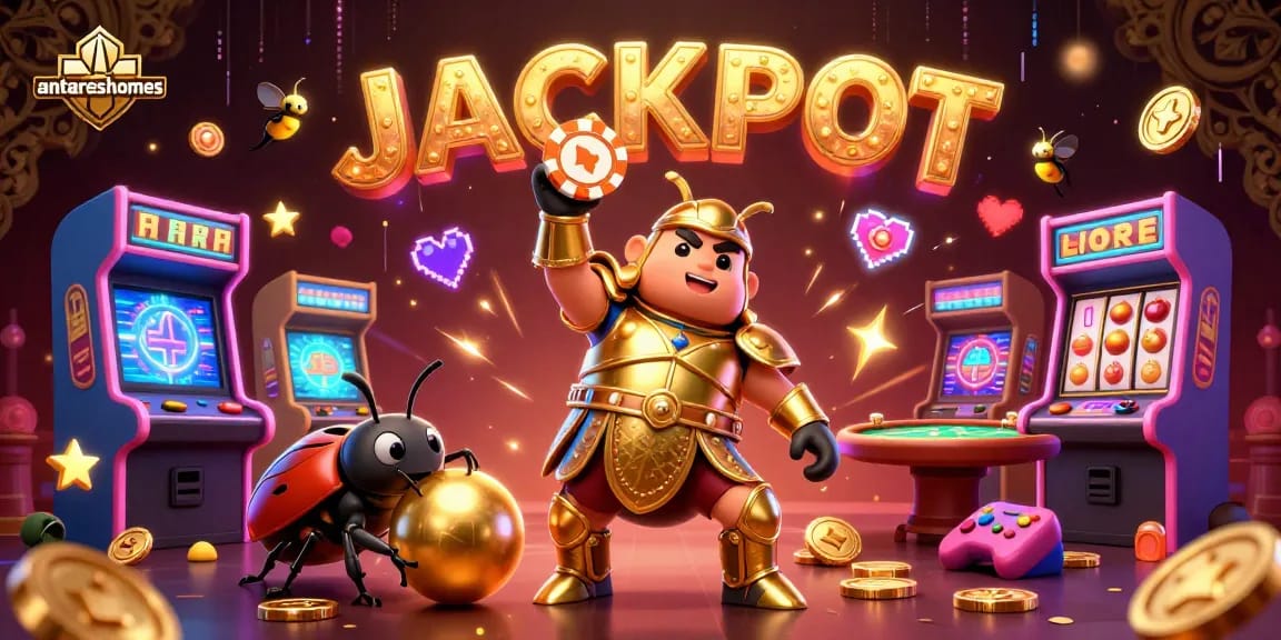 Engage in thrilling games with antareshomes' dynamic casino scene featuring a victorious beetle and jackpot elements.