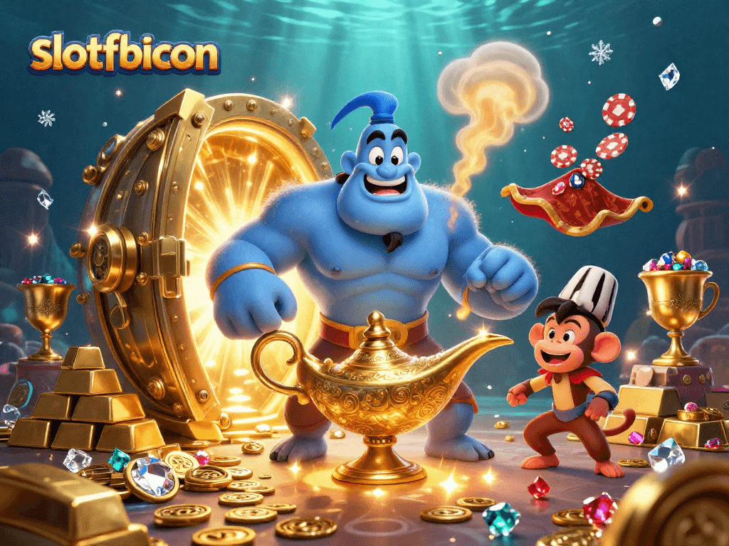 Experience thrilling action at slotfbicon with a genie, a monkey, and treasure amidst casino glory.