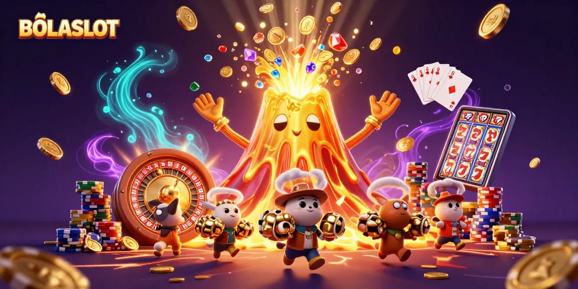 BOLASLOT reveals a thrilling eruption of coins and gems as the winning volcano emerges in a vibrant casino scene.