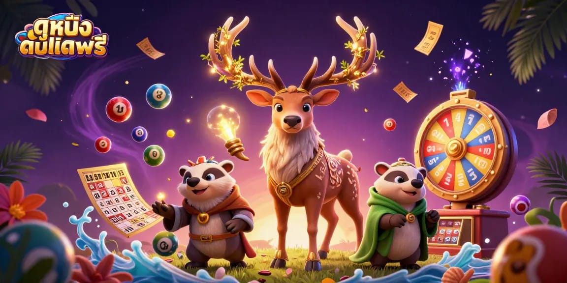 Experience ดูหนังออนไลน์ฟรี with dazzling lottery elements and enchanting figures in a 3D rendered scene.
