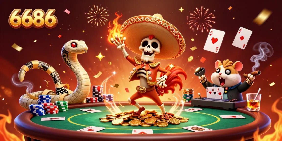 Experience thrilling gaming with 6686 in a vibrant casino scene featuring playful characters.