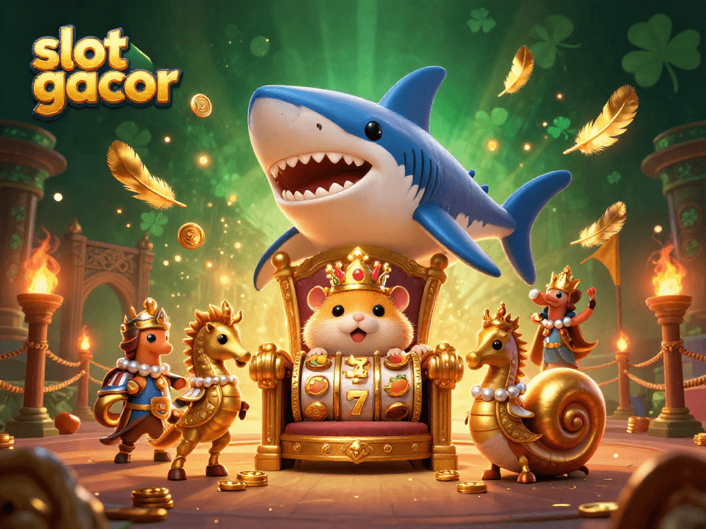 Spin to win with slot gacor featuring a golden hamster king ruled by themed slot machines and vibrant casino elements.