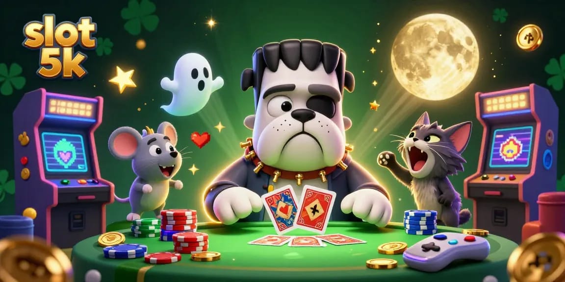 Play slot 5k with an action-filled scene featuring a Frankenstein bulldog and spooky elements.
