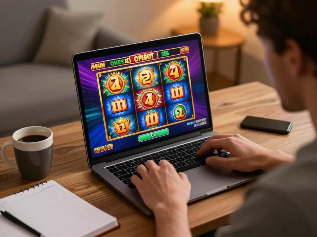 Main OKESlot Deposit Qris Tanpa Potongan gaming experience, player enjoying slots on a laptop in a cozy home environment