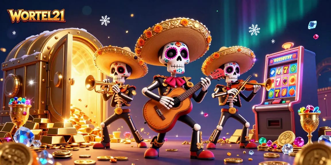 Experience thrilling action with WORTEL21's vibrant Day of the Dead mariachi band surrounded by treasures.