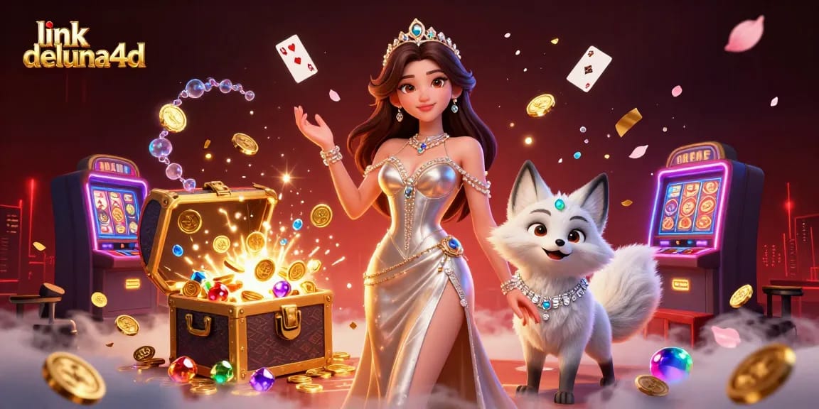 Engage with thrilling gameplay at link deluna4d, featuring a stunning casino scene with gold coins and vibrant characters.