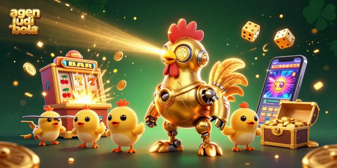 Experience the excitement of agen judi bola with a vibrant, animated casino scene featuring a dynamic rooster robot.