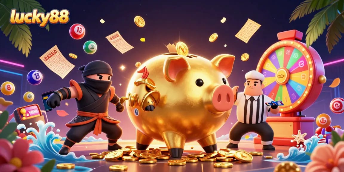 Experience excitement with lucky88 featuring a golden piggy bank sumo wrestler amidst dynamic casino elements.