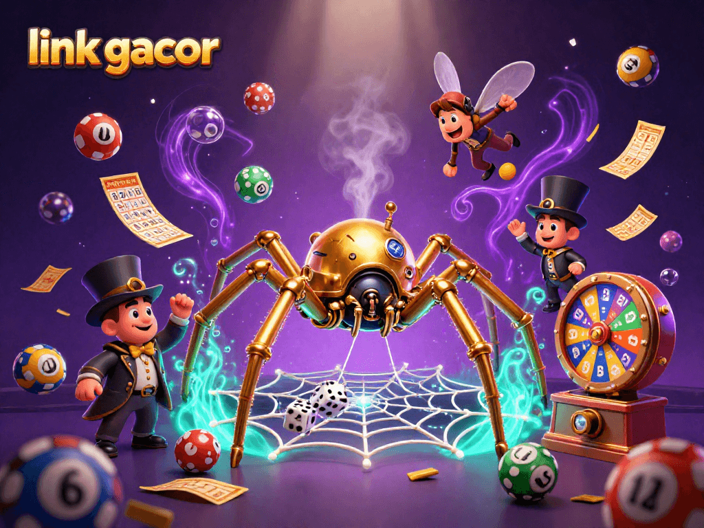 Experience link gacor with a whimsical steampunk spider and bingo elements in a dynamic casino illustration.