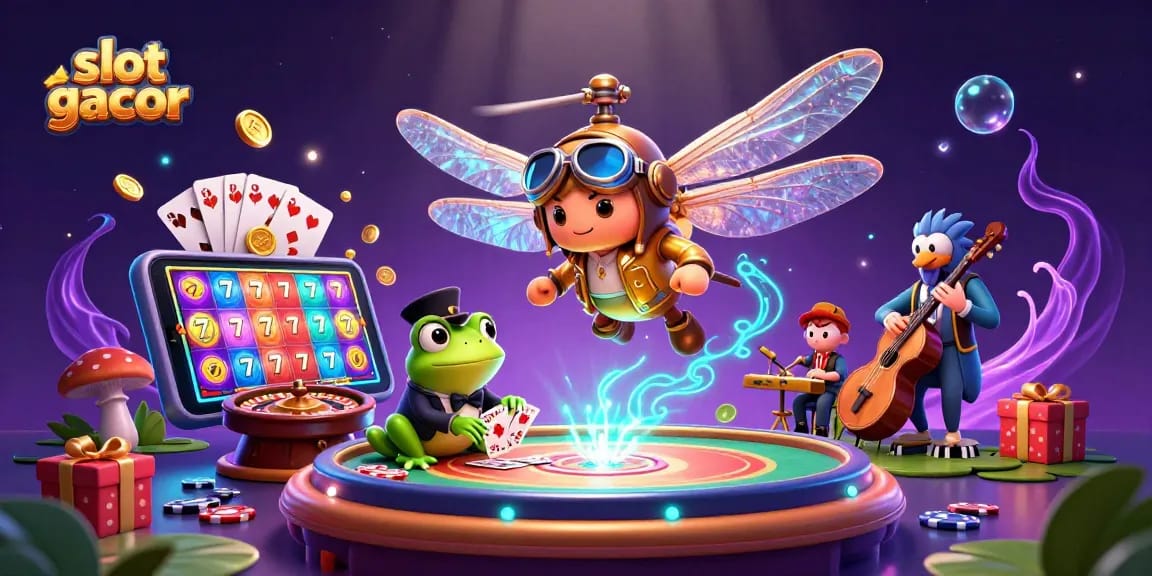 Slot gacor dengan permainan kasino menarik oleh karakter kartun melibatkan croupier dan pemain.