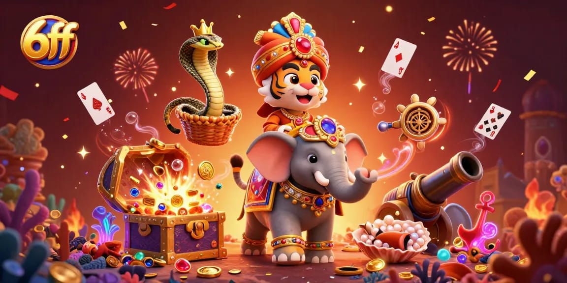 Experience excitement with 6ff as the maharaja tiger rides an elephant amidst a treasure-filled casino scene.